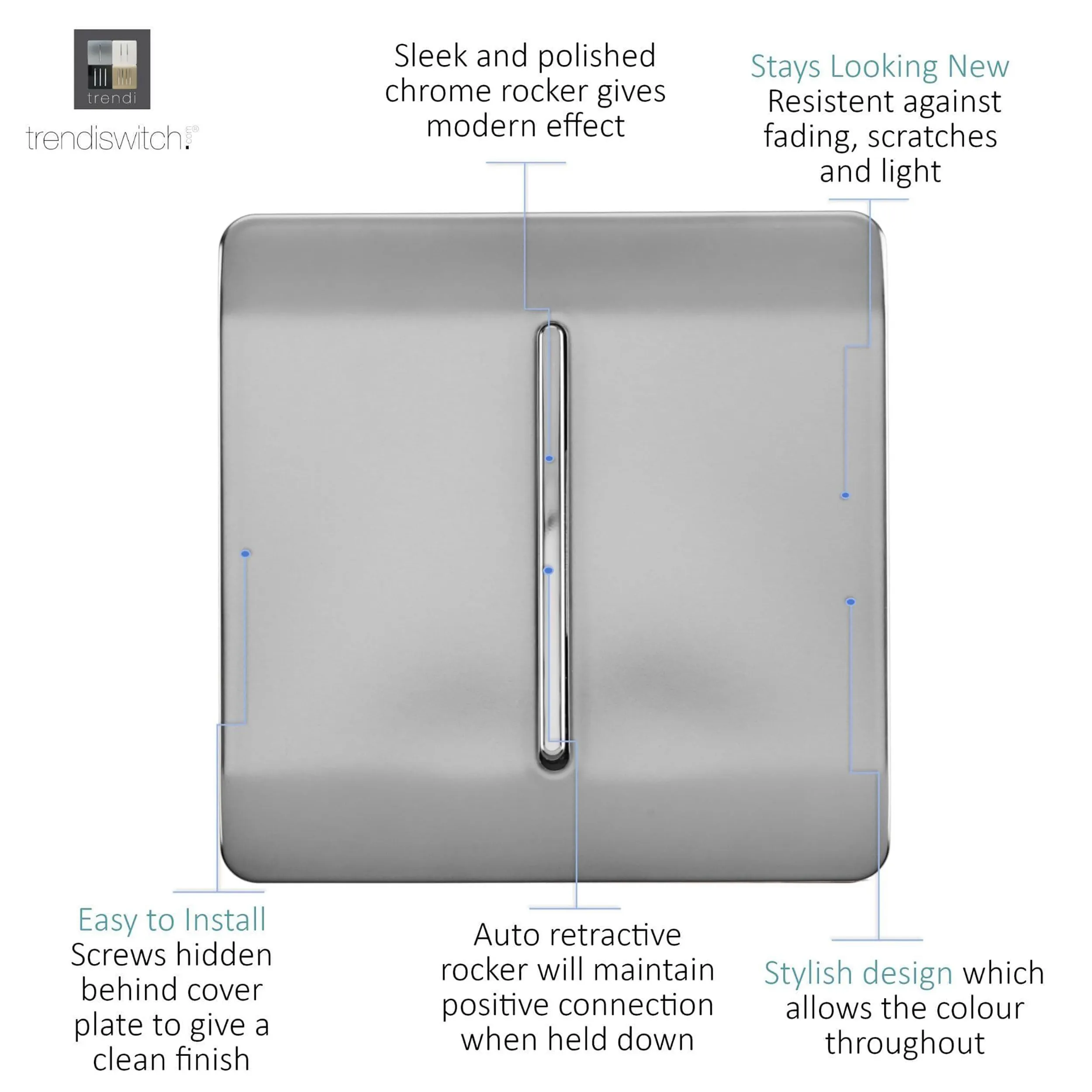 1 Gang Retractive Home Auto.Switch Brushed Steel ART-SSR1BS  Trendi Brushed Steel